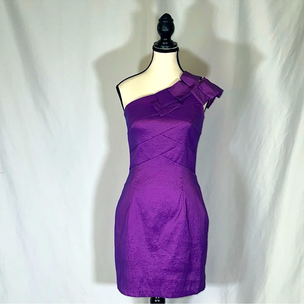Jessica McClintock Womens Purple Shimmery Ruffle One Shoulder Mini Dress 8